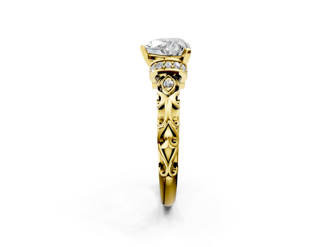 Yellow gold Heart Solitaire Diamond Ring with Filigree Band and Four-Prong Setting_59
