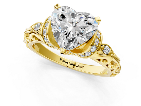 Yellow gold Heart Solitaire Diamond Ring with Filigree Band and Four-Prong Setting_60