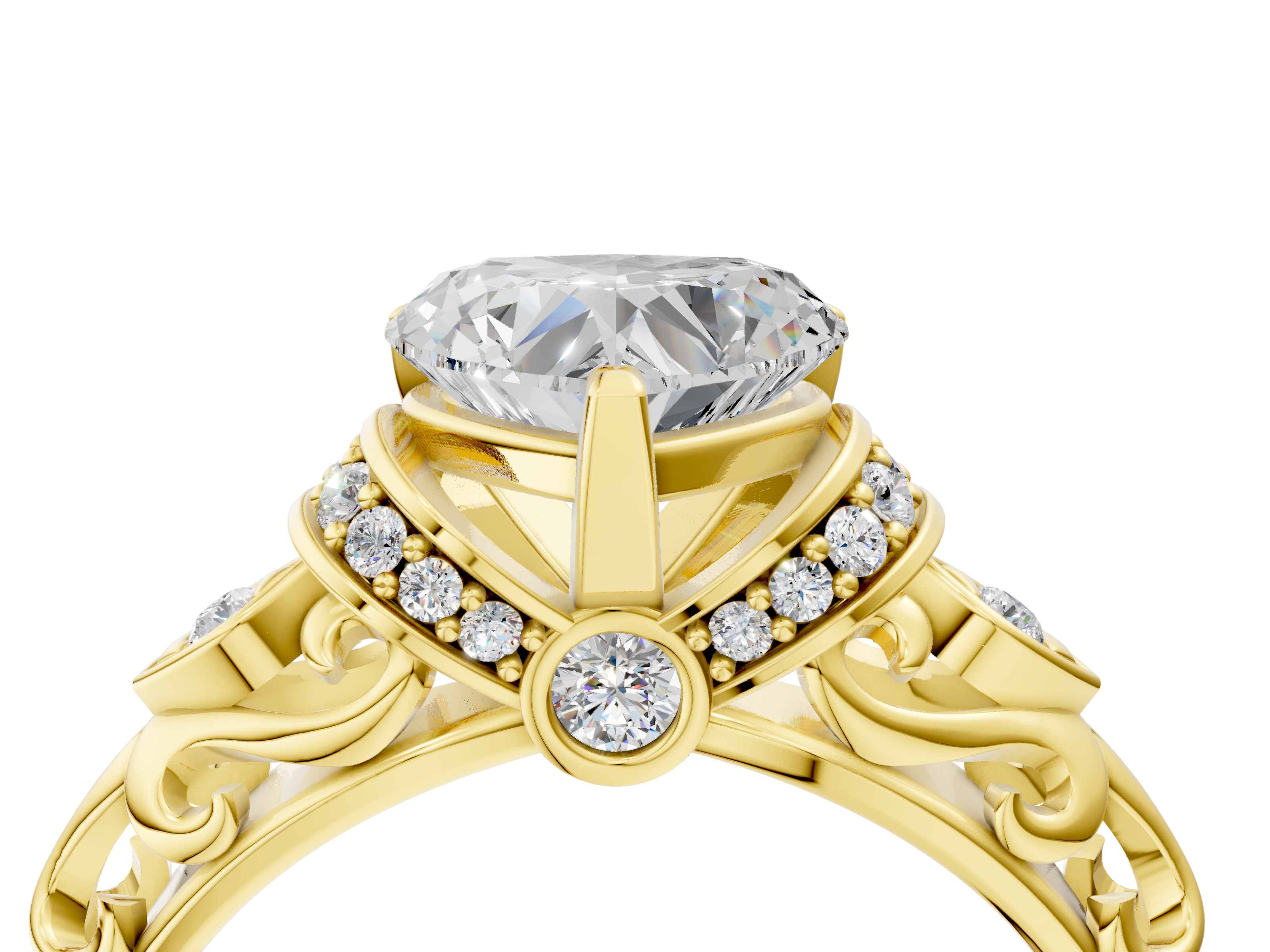 Yellow gold Heart Solitaire Diamond Ring with Filigree Band and Four-Prong Setting_61