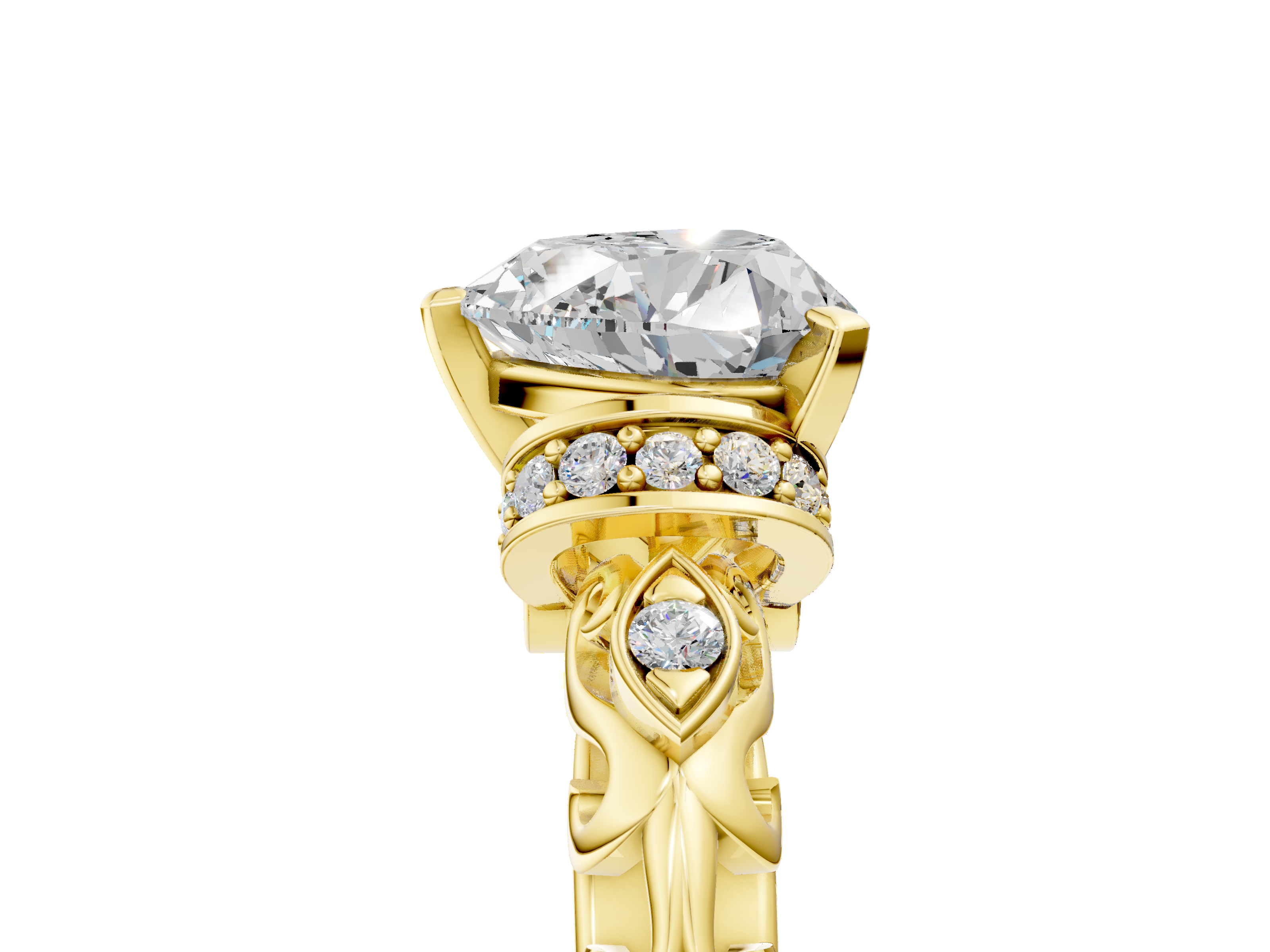 Yellow gold Heart Solitaire Diamond Ring with Filigree Band and Four-Prong Setting_62