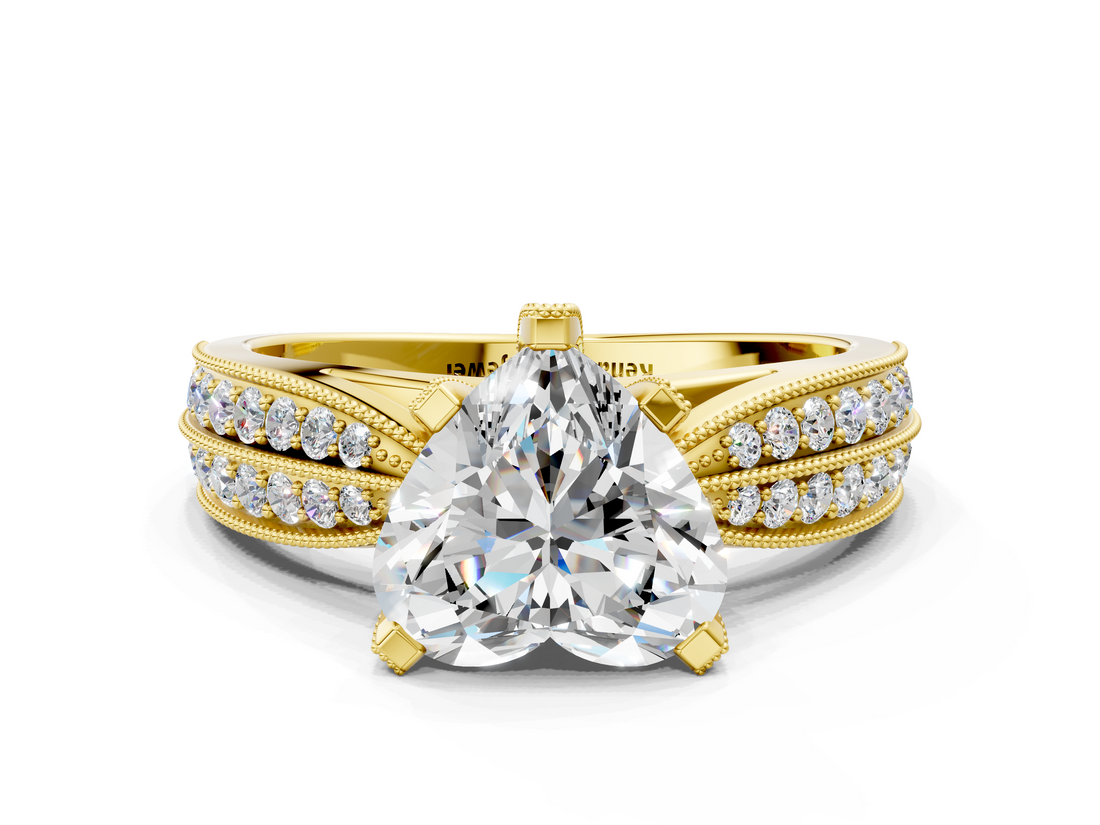 Yellow gold Heart Solitaire Diamond Ring with Milgrain Pavé Band and Four-Prong Setting_104
