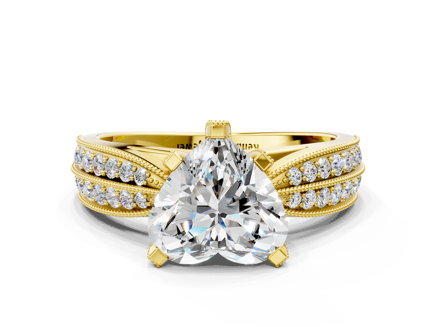 Yellow gold Heart Solitaire Diamond Ring with Milgrain Pavé Band and Four-Prong Setting