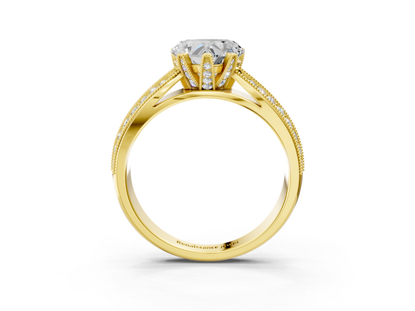 Yellow gold Heart Solitaire Diamond Ring with Milgrain Pavé Band and Four-Prong Setting
