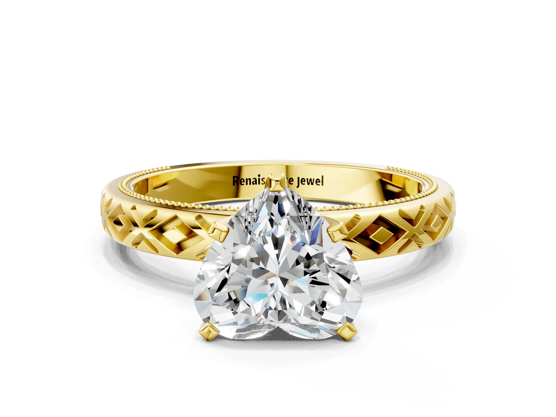 Yellow gold Heart Solitaire Diamond Ring with Milgrain and Black Enamel X Pattern Band_69