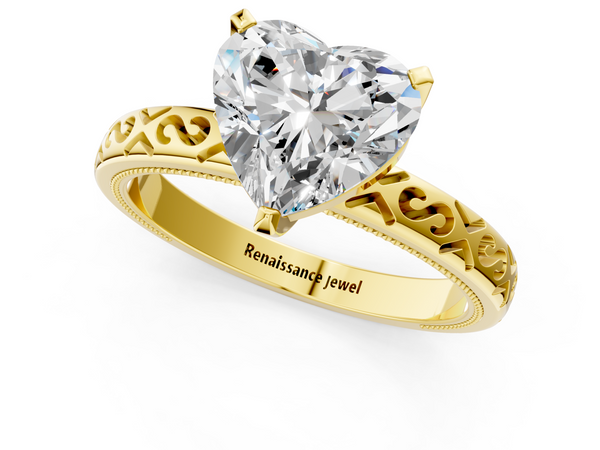Yellow gold Heart Solitaire Engagement Ring with Scrollwork Band and Four-Prong Setting