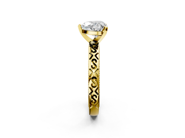 Yellow gold Heart Solitaire Engagement Ring with Scrollwork Band and Four-Prong Setting