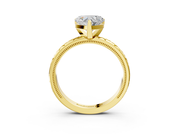 Yellow gold Heart Solitaire Engagement Ring with Scrollwork Band and Four-Prong Setting