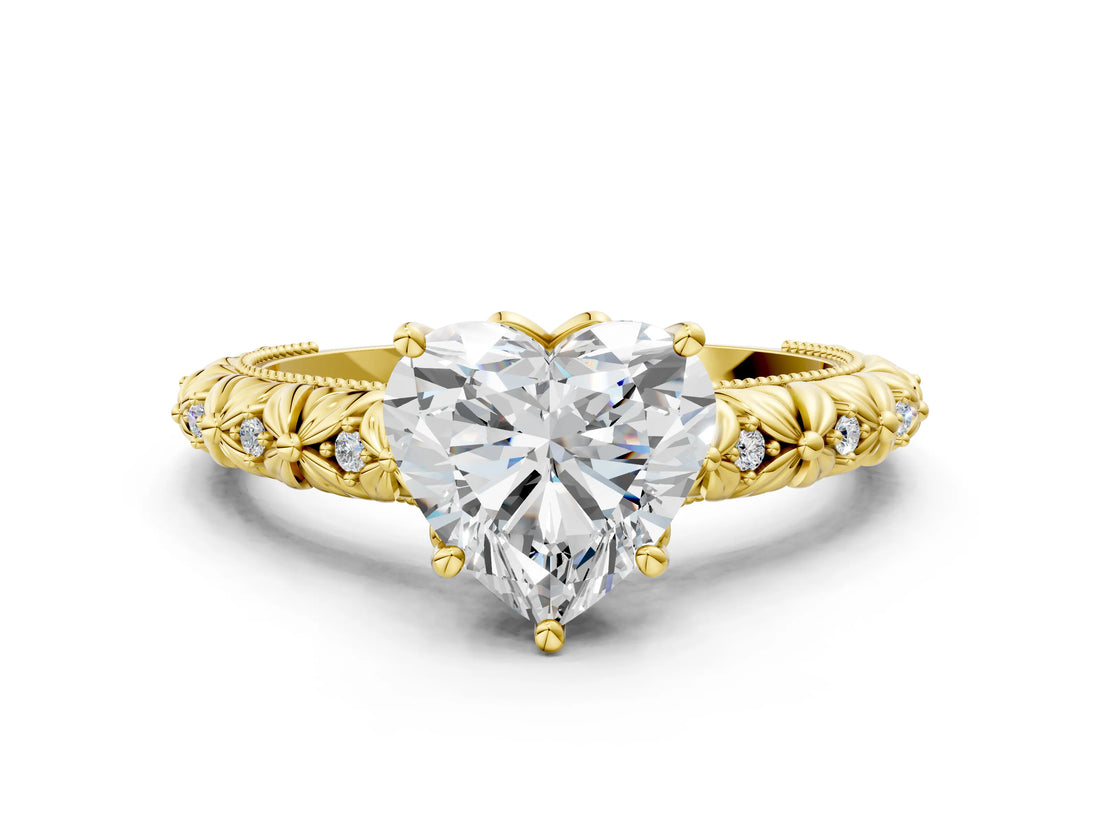Yellow gold Heart Solitaire Floral Milgrain Engagement Ring_32