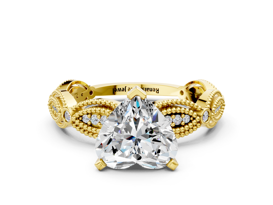 Yellow gold Heart Solitaire Milgrain Diamond Engagement Ring with Bezel and Marquise Band_133