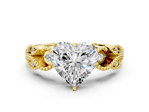 Yellow Gold Heart-Shaped Vintage Solitaire Engagement Ring Setting with Milgrain Leaf Shoulders