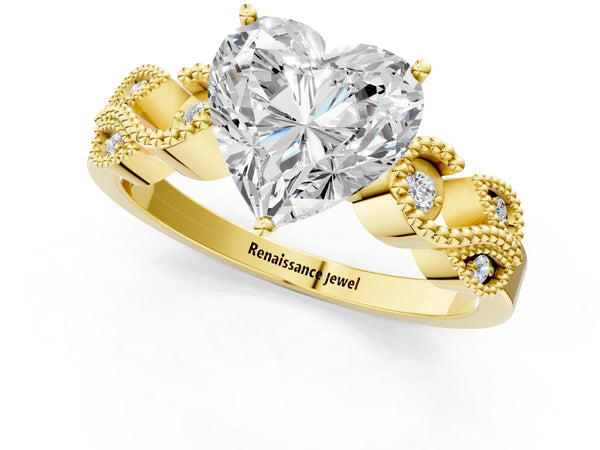 Yellow Gold Heart-Shaped Vintage Solitaire Engagement Ring Setting with Milgrain Leaf Shoulders