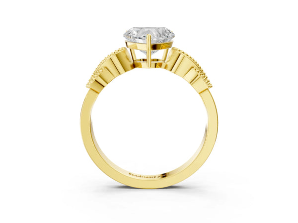 Yellow Gold Heart-Shaped Vintage Solitaire Engagement Ring Setting with Milgrain Leaf Shoulders