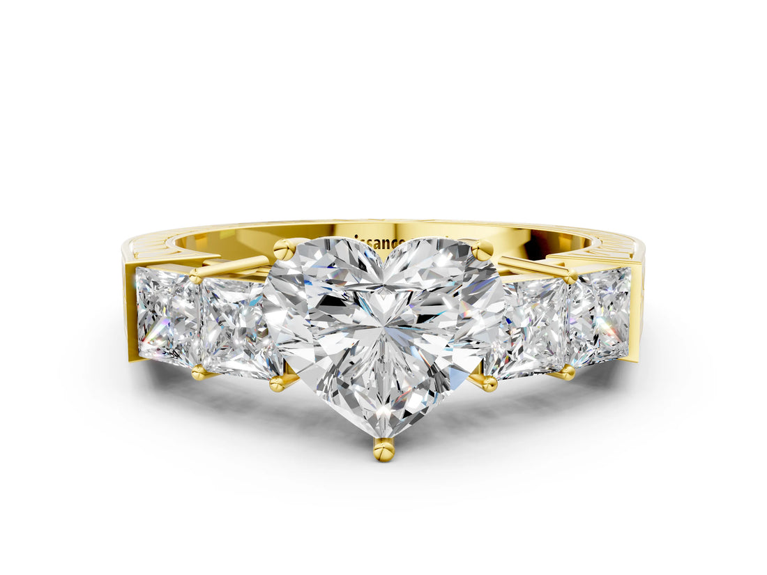 Yellow gold Heart Solitaire Princess Side Stone Engraved Band Prong Setting Ring_3