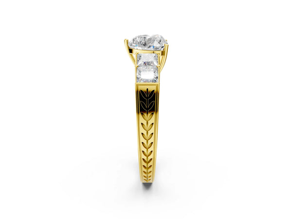 Yellow gold Heart Solitaire Princess Side Stone Engraved Band Prong Setting Ring