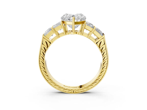 Yellow gold Heart Solitaire Princess Side Stone Engraved Band Prong Setting Ring