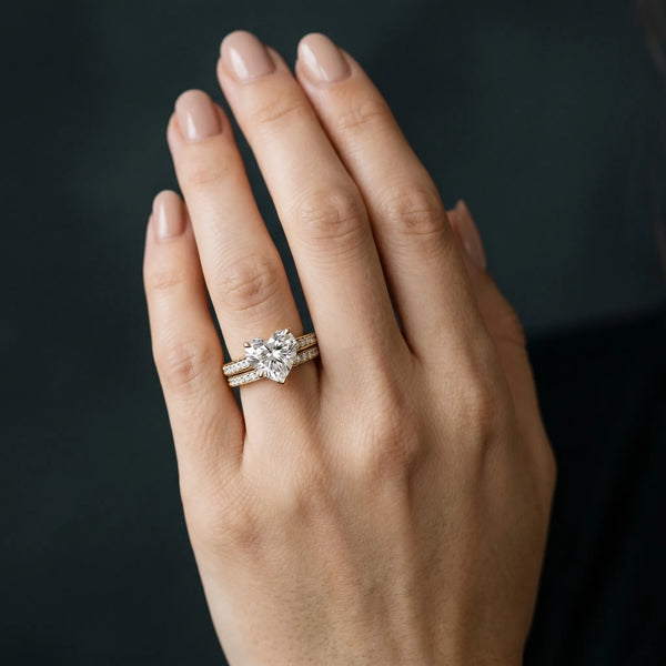 Yellow gold Heart Solitaire Prong Set Diamond Engagement Ring with Pave Band