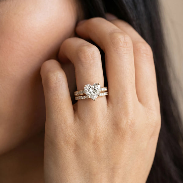 Yellow gold Heart Solitaire Prong Set Diamond Engagement Ring with Pave Band