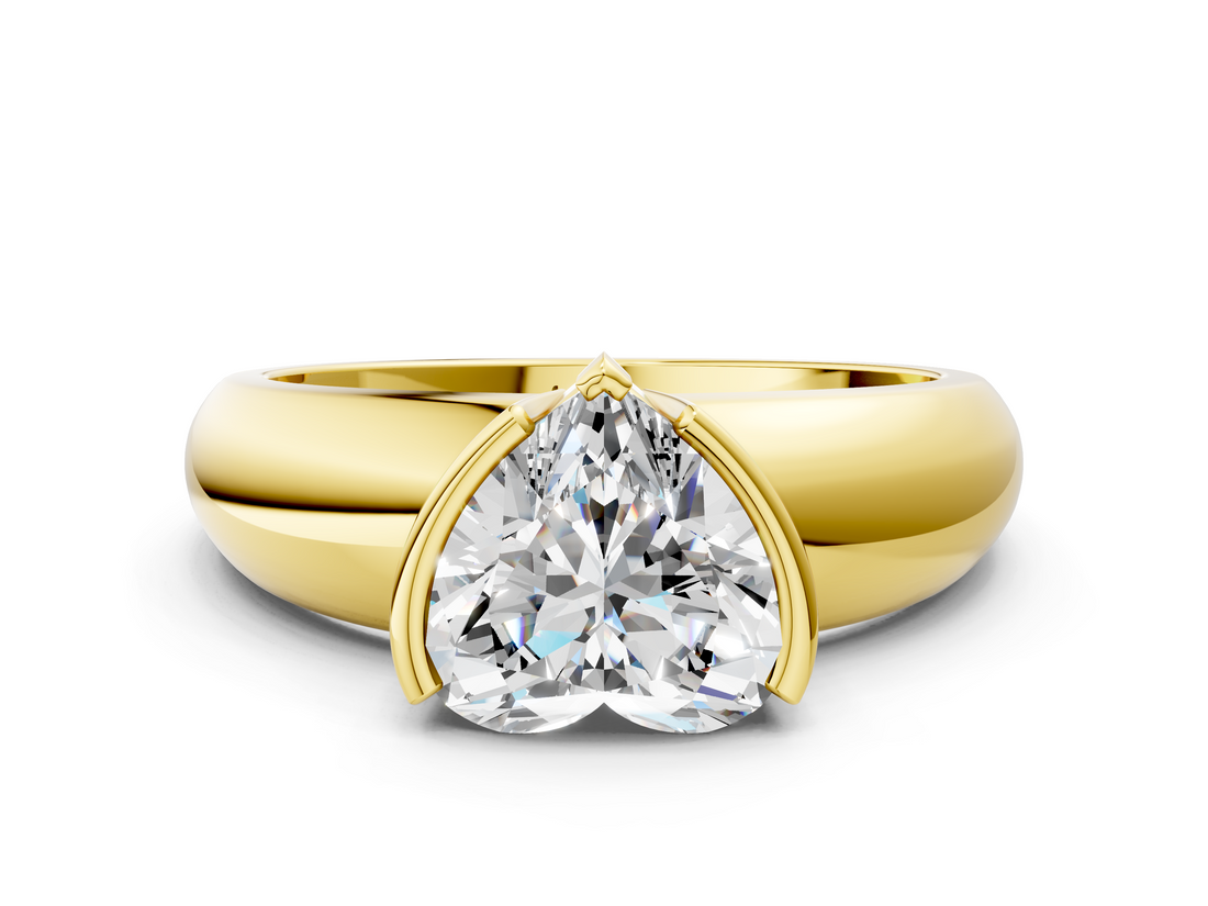 Yellow gold Heart Solitaire Tension Set Diamond Ring with Wide Band_37