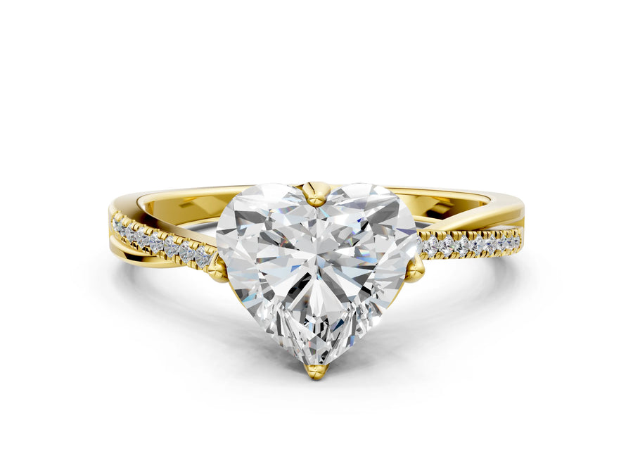 Yellow gold Heart Solitaire Twist Band with Pavé Diamonds and Four-Prong Setting