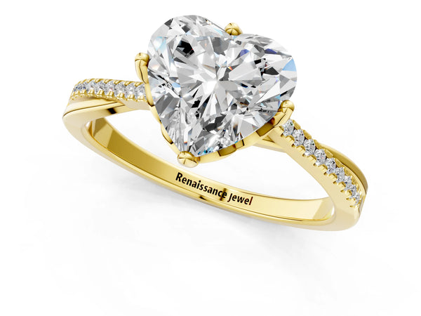 Yellow gold Heart Solitaire Twist Band with Pavé Diamonds and Four-Prong Setting