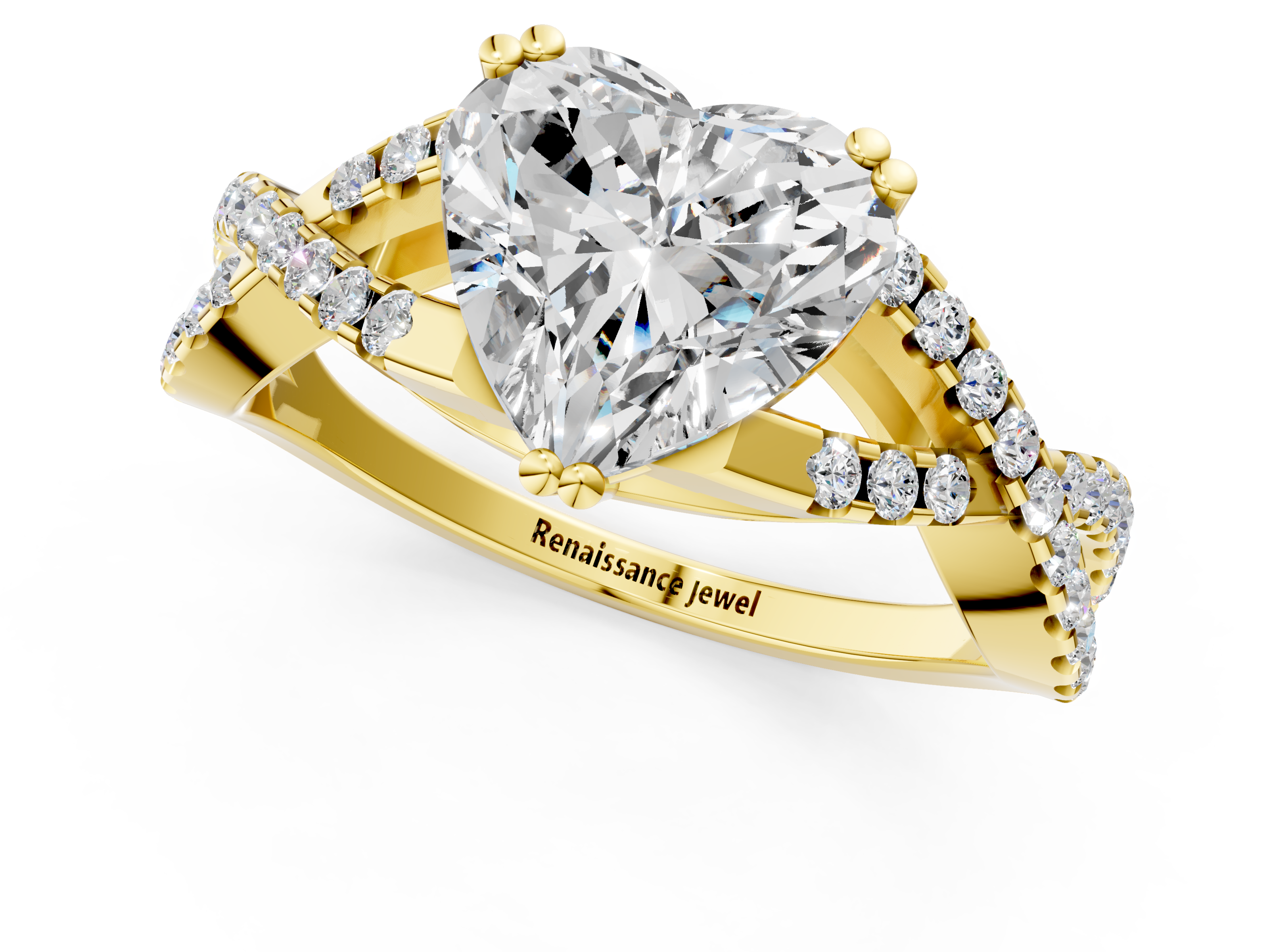 Yellow gold Heart Solitaire Twist Band with Pavé Setting and Four-Prong Setting_18