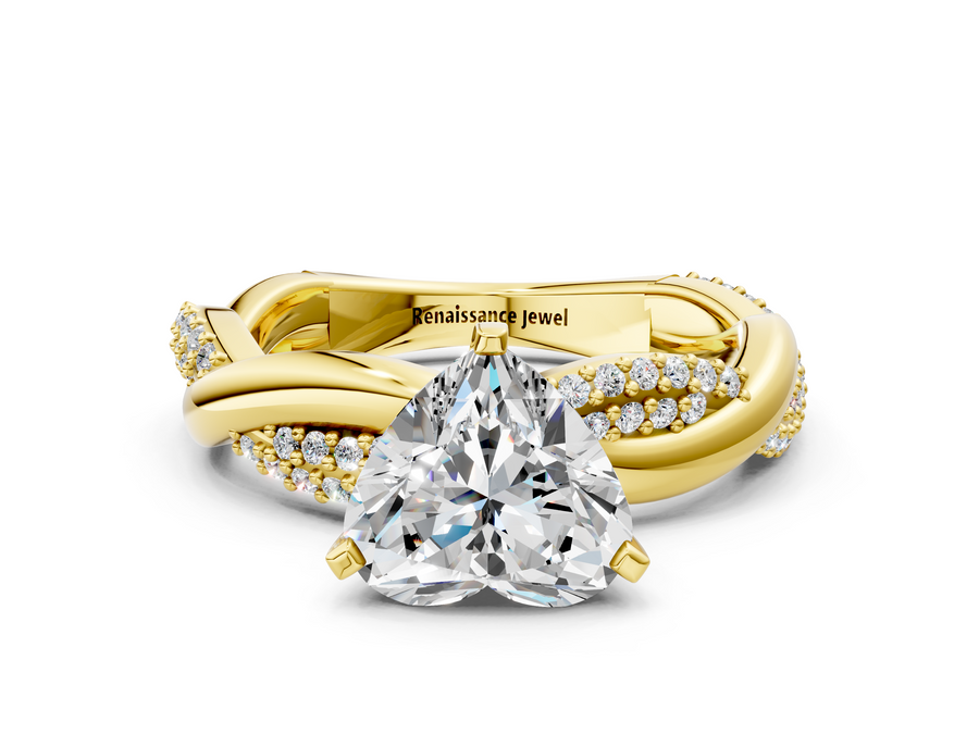Yellow gold Heart Solitaire Twist Band with Pave Prong Setting