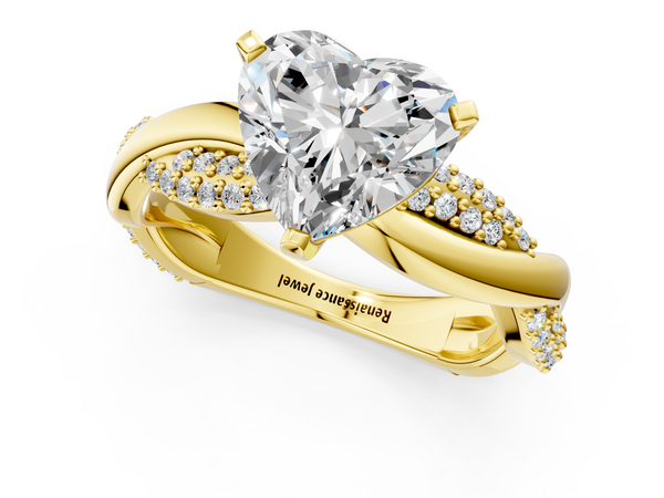 Yellow gold Heart Solitaire Twist Band with Pave Prong Setting
