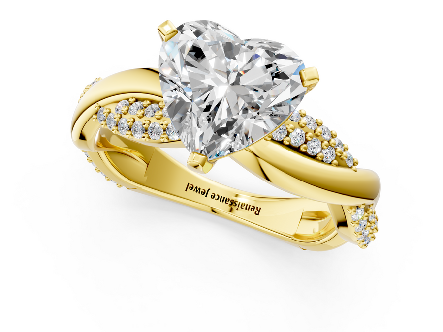 Yellow gold Heart Solitaire Twist Band with Pave Prong Setting