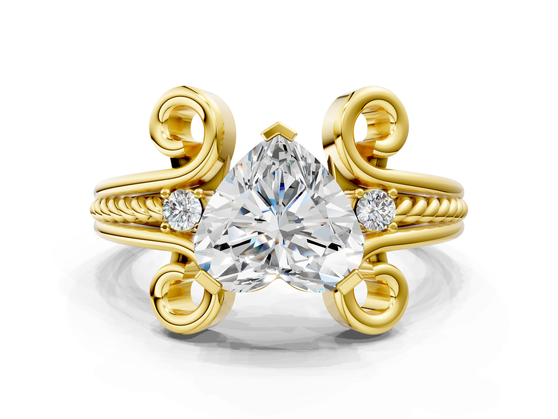 Yellow gold Heart Solitaire Twisted Band Scroll Prong Ring_3