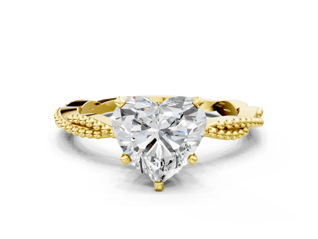 Yellow gold Heart Solitaire Twisted Band with Bead Prong Setting_301
