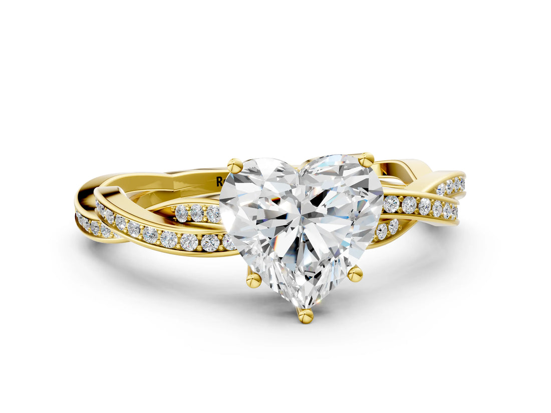 Yellow gold Heart Solitaire Twisted Pave Diamond Ring with Four-Prong Setting_12