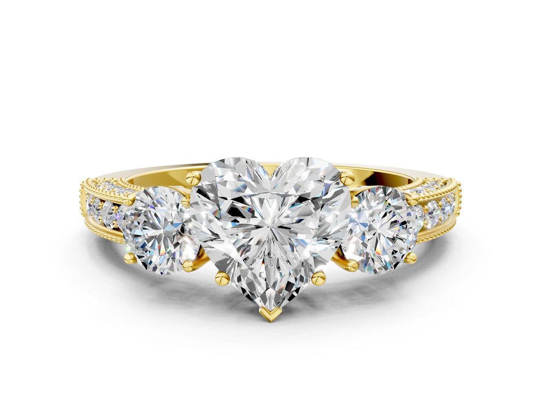 Yellow gold Heart Three-Stone Diamond Ring with Pavé Band and Four-Prong Setting_6