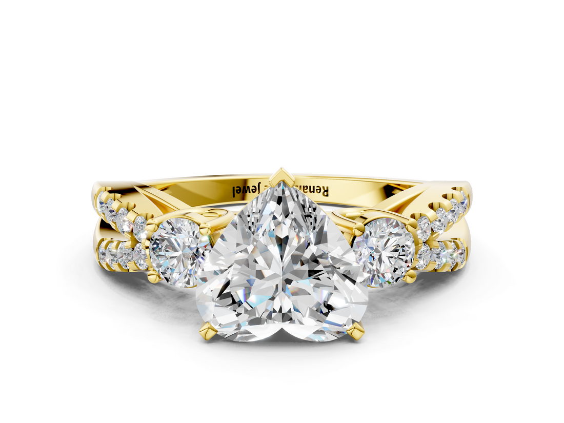 Yellow gold Heart Three-Stone Diamond Ring with Pavé Split Shank and Four-Prong Setting_85