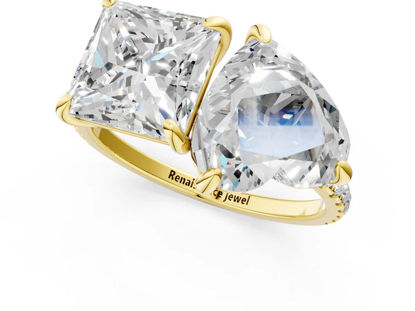 Yellow Gold Heart-Shaped and Princess Cut Lab-Grown Diamond Toi et Moi Ring with Pave Band