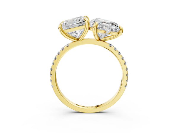 Yellow Gold Heart-Shaped and Princess Cut Lab-Grown Diamond Toi et Moi Ring with Pave Band