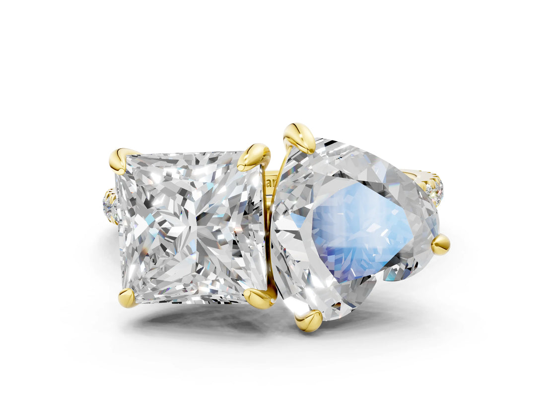 Yellow gold Heart and Princess Toi Moi Ring with Prong Setting and Micro Pave Band