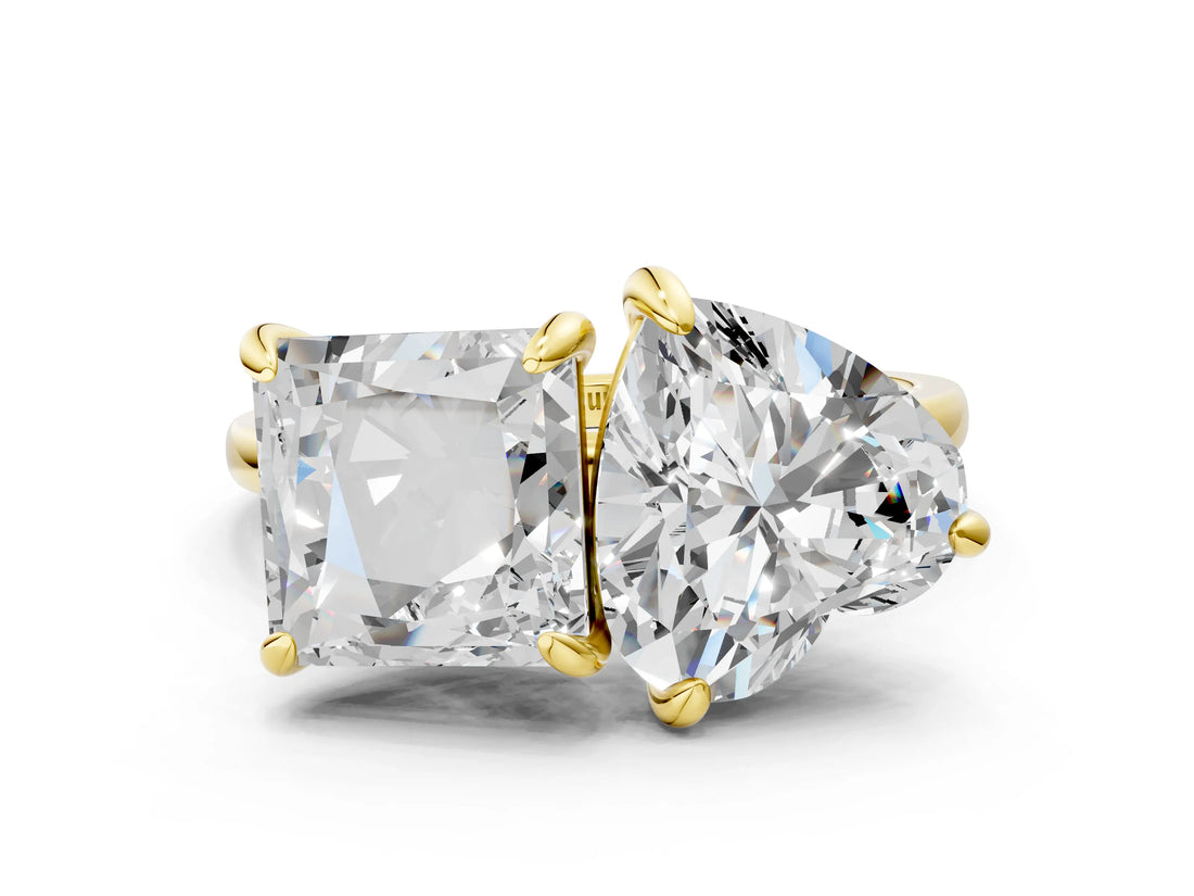 Yellow gold Heart and Princess Toi Moi Ring with Prong Setting and Plain Band
