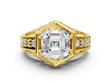 Yellow gold Hexagon Bezel Asscher Cut Diamond Milgrain Split Shank Ring_3