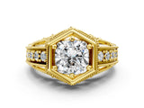 Yellow gold Hexagon Bezel Cushion Cut Diamond Milgrain Split Shank Ring_3