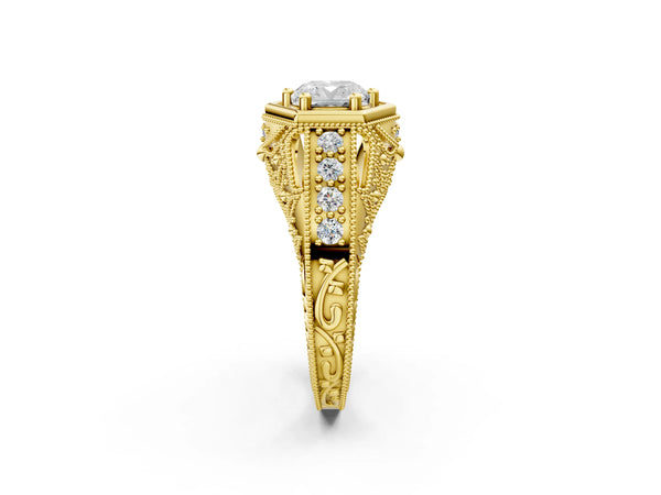 Yellow gold Hexagon Bezel Cushion Cut Diamond Milgrain Split Shank Ring