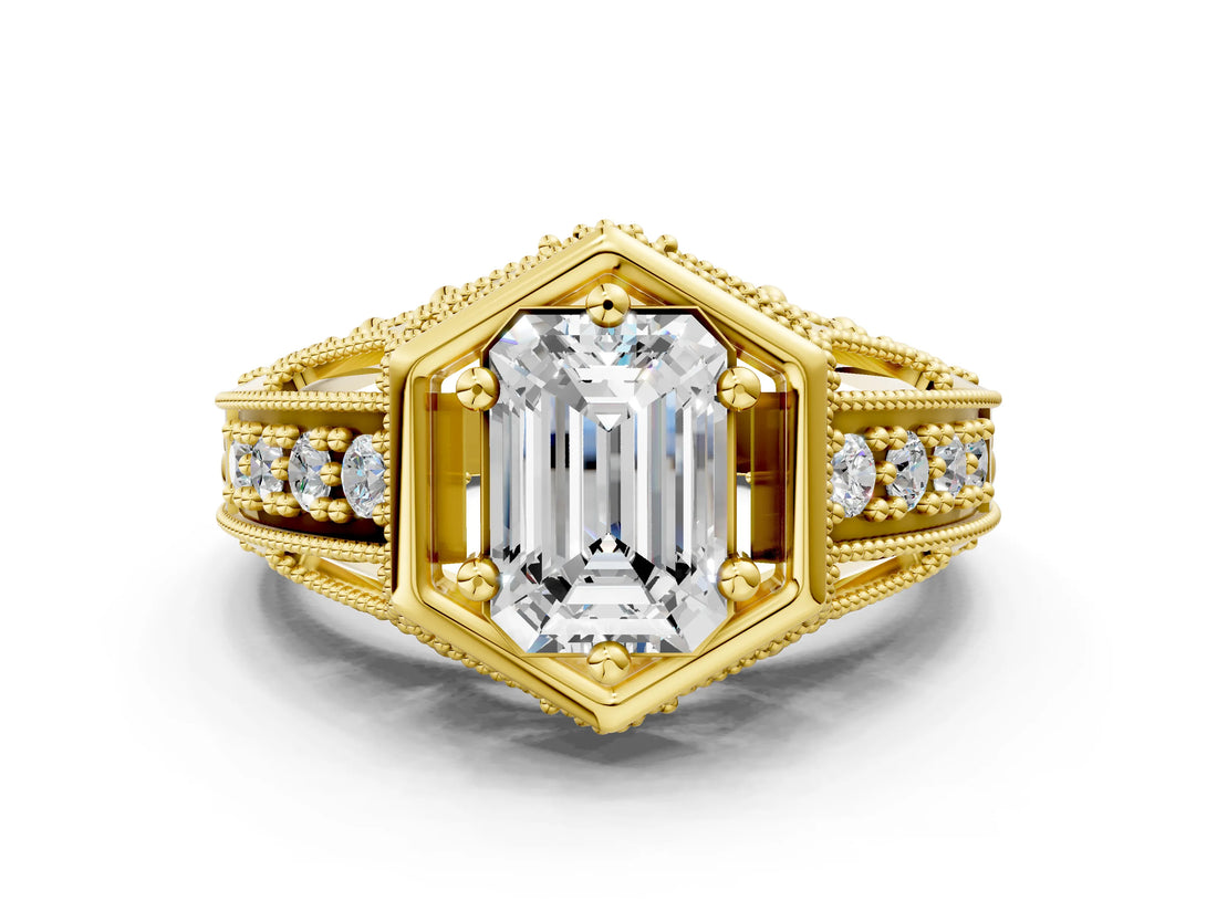 Yellow gold Hexagon Bezel Emerald Cut Diamond Milgrain Split Shank Ring_3