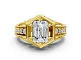 Yellow gold Hexagon Bezel Emerald Cut Diamond Milgrain Split Shank Ring_3