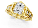 Yellow gold Hexagon Bezel Emerald Cut Diamond Milgrain Split Shank Ring_4