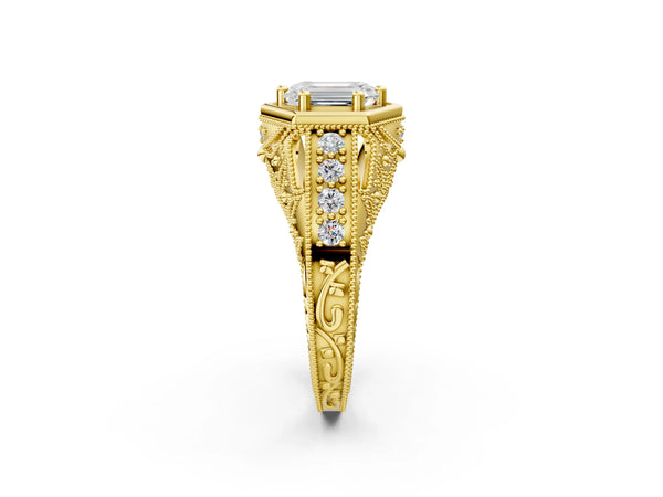 Yellow gold Hexagon Bezel Emerald Cut Diamond Milgrain Split Shank Ring