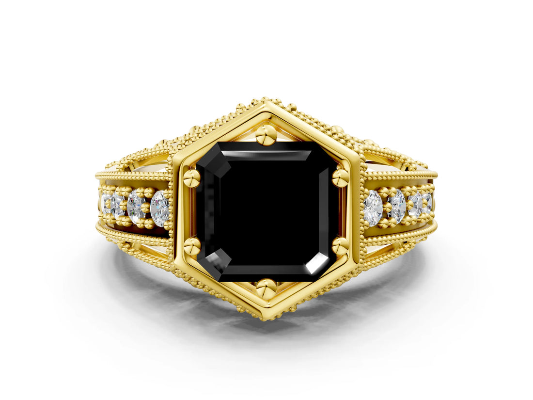 Yellow gold Hexagon Bezel Fancy Black Asscher Cut Diamond Milgrain Split Shank Ring