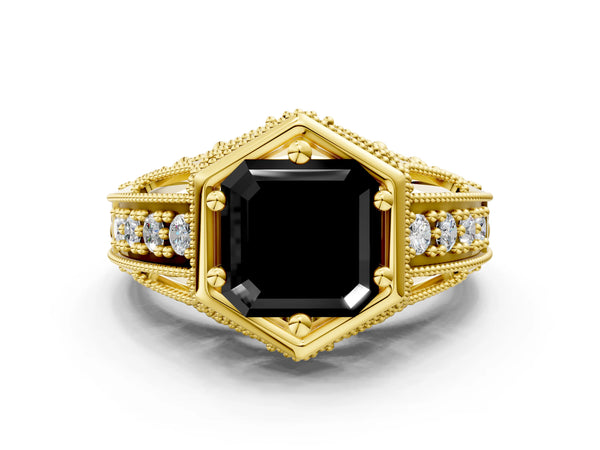 Yellow gold Hexagon Bezel Fancy Black Asscher Cut Diamond Milgrain Split Shank Ring