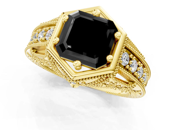 Yellow gold Hexagon Bezel Fancy Black Asscher Cut Diamond Milgrain Split Shank Ring