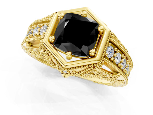 Yellow gold Hexagon Bezel Fancy Black Cushion Cut Diamond Milgrain Split Shank Ring