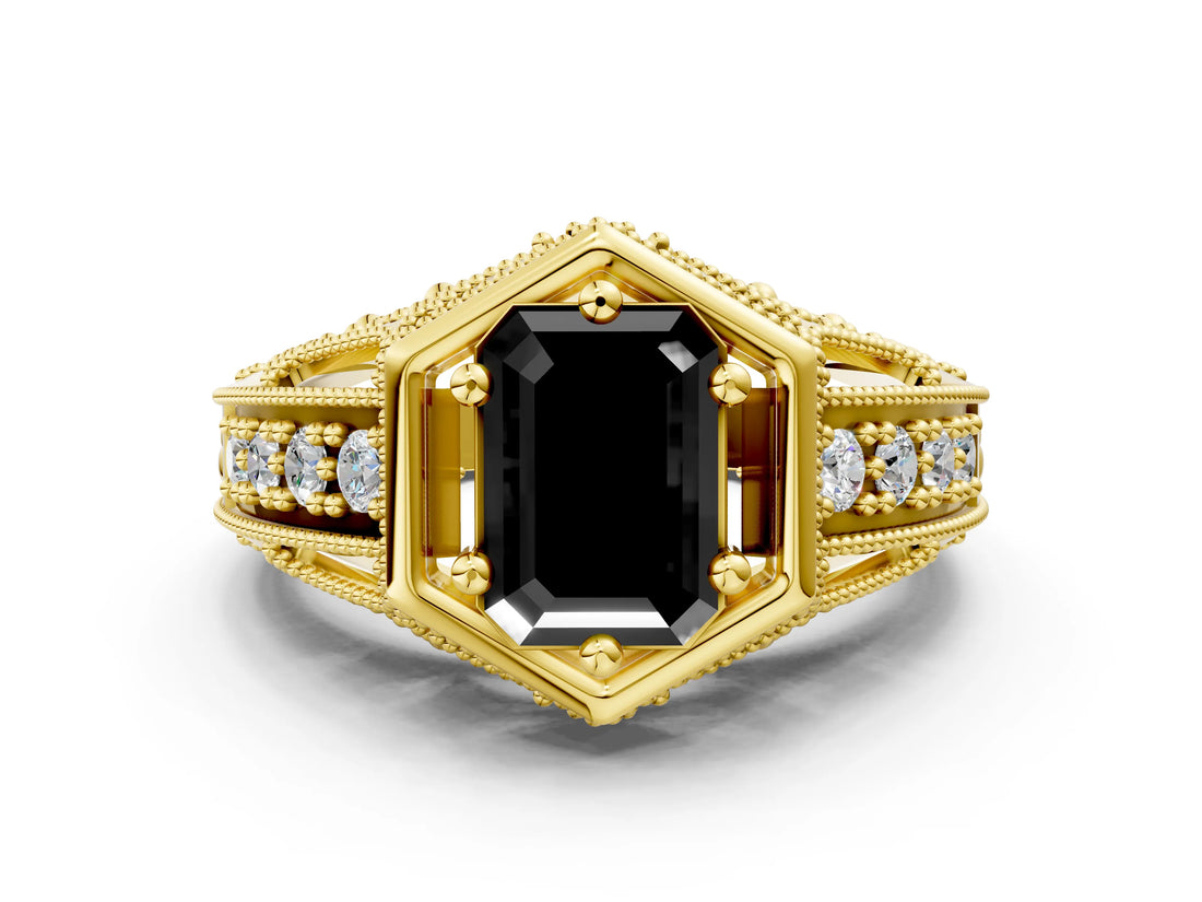 Yellow gold Hexagon Bezel Fancy Black Emerald Cut Diamond Milgrain Split Shank Ring