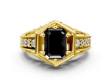 Yellow gold Hexagon Bezel Fancy Black Emerald Cut Diamond Milgrain Split Shank Ring
